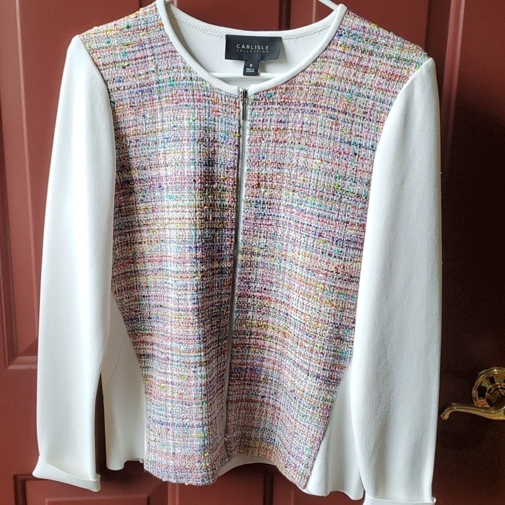 Carlisle Collection multi color knit full zip crop jacket white sleeves R $645